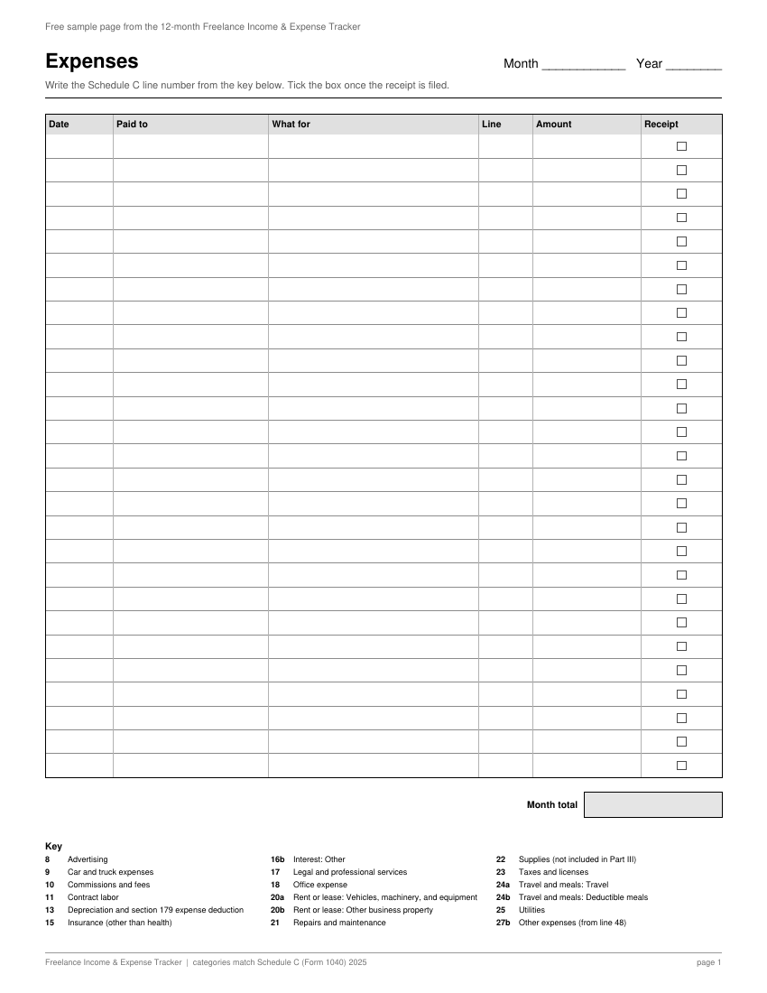 Free sample: one month's expense log with Schedule C line key