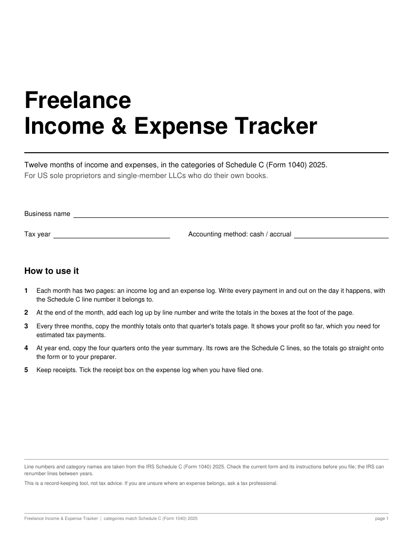 Page 1: cover with business name, tax year, accounting method and five how-to steps