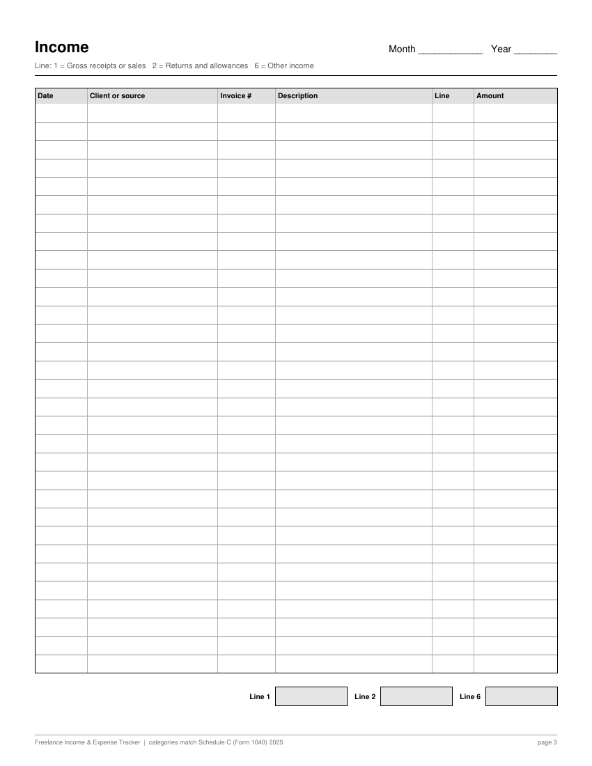 Monthly income log with columns for date, client, invoice number, description, line and amount